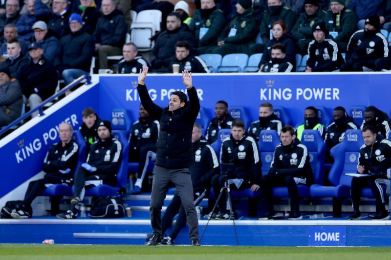 LEICESTER, ENGLAND - FEBRUARY 25: Mikel Arteta, Manager of Arsenal, reacts during the Premier League match between Leicester City and Arsenal FC at The King Power Stadium on February 25, 2023 in Leicester, England. (Photo by Marc Atkins/Getty Images)