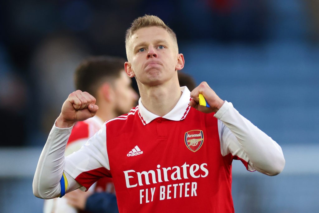 LEICESTER, ENGLAND - FEBRUARY 25: Oleksandr Zinchenko of Arsenal celebrates the win during the Premier League match between Leicester City and Arsenal FC at The King Power Stadium on February 25, 2023 in Leicester, United Kingdom. (Photo by Marc Atkins/Getty Images)
