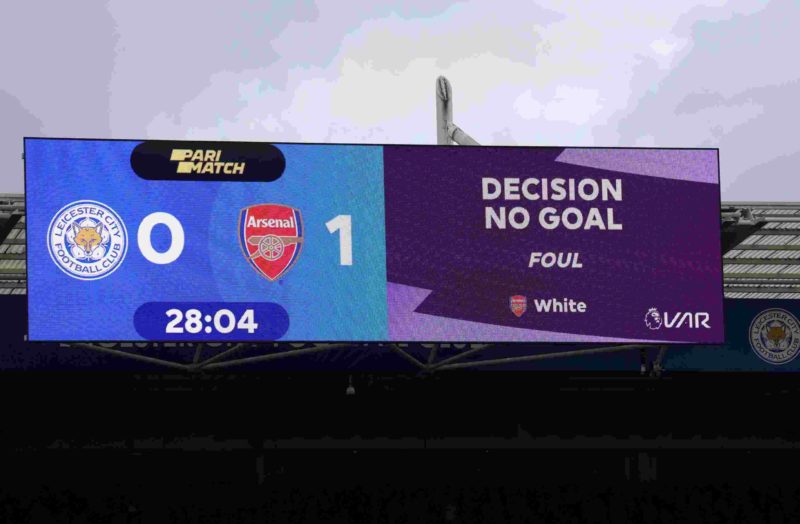 LEICESTER, ENGLAND - FEBRUARY 25: The LED board shows the decision of "No Goal" after a VAR check during the Premier League match between Leicester City and Arsenal FC at The King Power Stadium on February 25, 2023 in Leicester, England. (Photo by Marc Atkins/Getty Images)