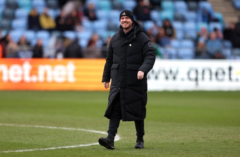 MANCHESTER, ENGLAND: Jonas Eidevall, Manager of Arsenal, looks on prior to the FA Women's Super League match between Manchester City and Arsenal at The Academy Stadium on February 11, 2023. (Photo by Nathan Stirk/Getty Images)