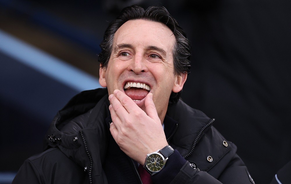 MANCHESTER, ENGLAND: Unai Emery, Manager of Aston Villa, reacts prior to the Premier League match between Manchester City and Aston Villa at Etihad Stadium on February 12, 2023. (Photo by Ryan Pierse/Getty Images)