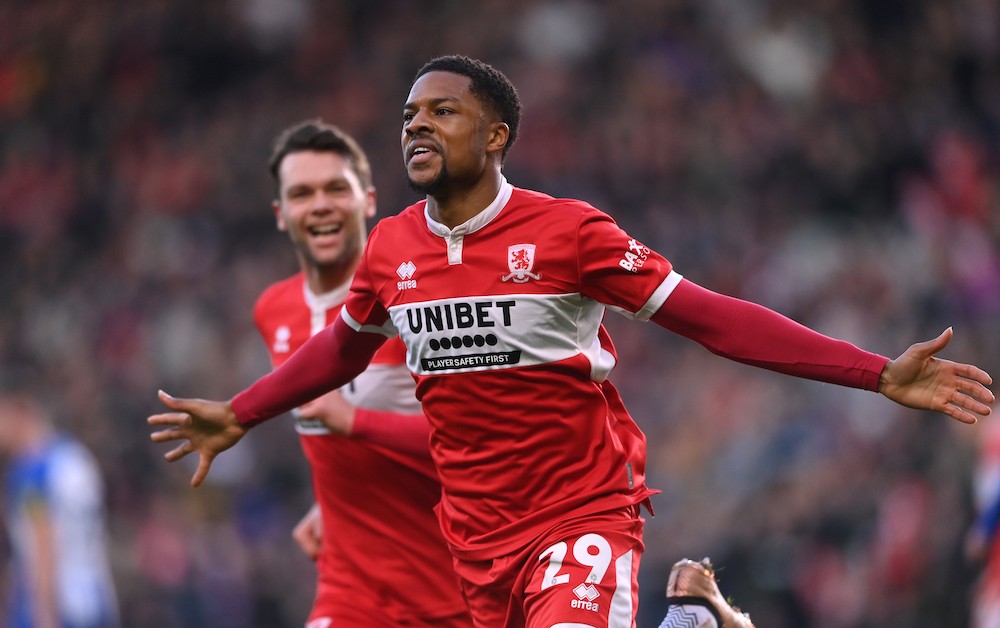 MIDDLESBROUGH, ENGLAND: Middlesbrough striker Chuba Akpom celebrates his goal during the Emirates FA Cup Third Round match between Middlesbrough and Brighton & Hove Albion at Riverside Stadium on January 07, 2023. (Photo by Stu Forster/Getty Images)