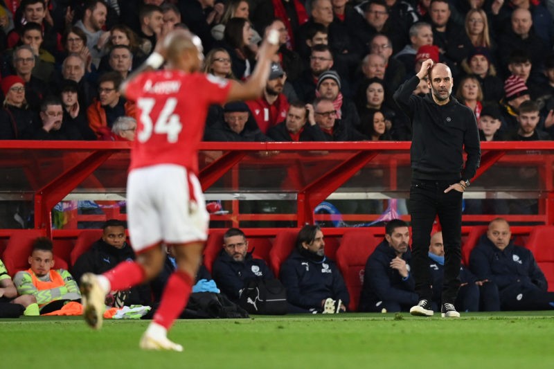 NOTTINGHAM, ENGLAND - FEBRUARY 18: Pep Guardiola, Manager of Manchester City, looks on during the Premier League match between Nottingham Forest and Manchester City at City Ground on February 18, 2023 in Nottingham, England. (Photo by Michael Regan/Getty Images)