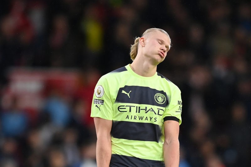 NOTTINGHAM, ENGLAND - FEBRUARY 18: Erling Haaland of Manchester City looks dejected after the Premier League match between Nottingham Forest and Manchester City at City Ground on February 18, 2023 in Nottingham, England. (Photo by Michael Regan/Getty Images)