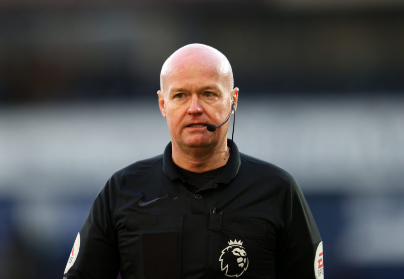 WEST BROMWICH, ENGLAND - FEBRUARY 27: Referee Lee Mason during the Premier League match between West Bromwich Albion and Brighton & Hove Albion at The Hawthorns on February 27, 2021 in West Bromwich, England. Sporting stadiums around the UK remain under strict restrictions due to the Coronavirus Pandemic as Government social distancing laws prohibit fans inside venues resulting in games being played behind closed doors. (Photo by Catherine Ivill/Getty Images)