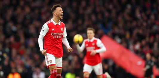 LONDON, ENGLAND - MARCH 04: Ben White of Arsenal celebrates after scoring the team's second goal during the Premier League match between Arsenal FC and AFC Bournemouth at Emirates Stadium on March 04, 2023 in London, England. (Photo by Julian Finney/Getty Images)