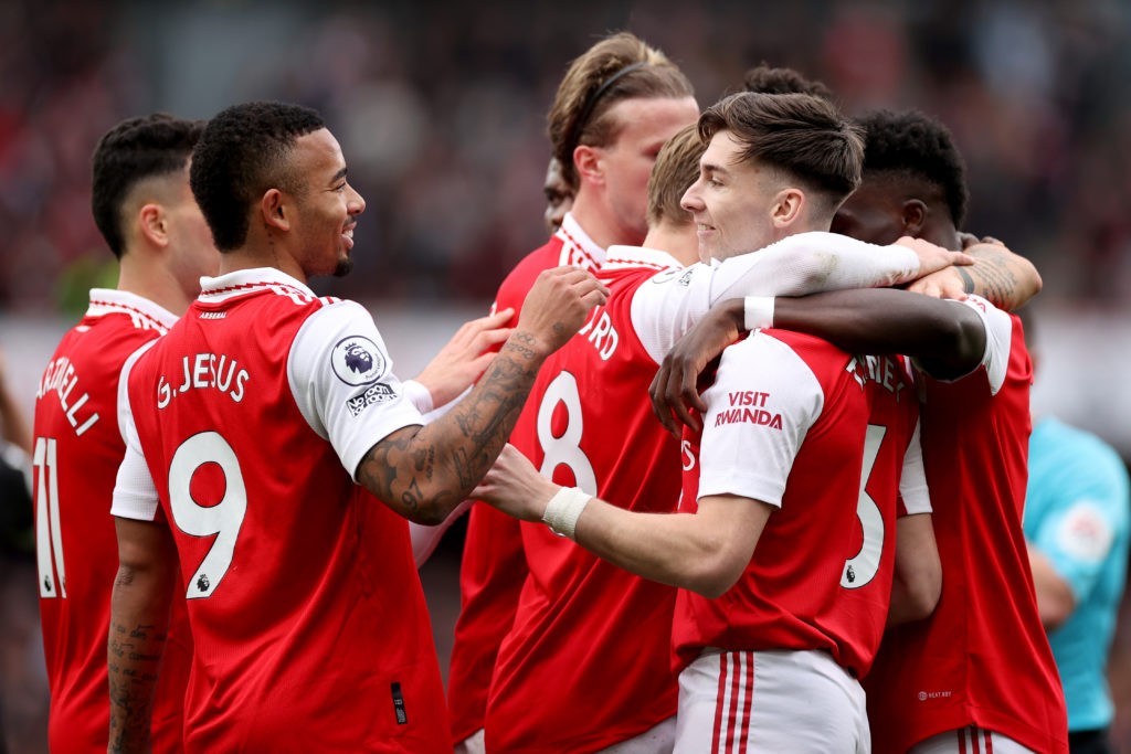 LONDON, ENGLAND - MARCH 19: Bukayo Saka of Arsenal (Obscured) celebrates after scoring the team's fourth goal with teammates during the Premier League match between Arsenal FC and Crystal Palace at Emirates Stadium on March 19, 2023 in London, England. (Photo by Ryan Pierse/Getty Images)