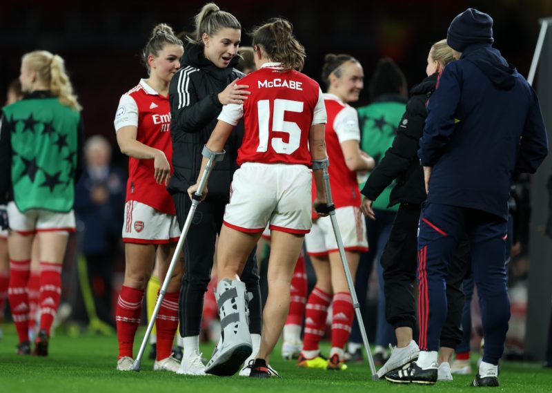LONDON, ENGLAND - MARCH 29: Katie McCabe of Arsenal speaks with teammate Steph Catley following the UEFA Women's Champions League quarter-final 2nd leg match between Arsenal and FC Bayern München at Emirates Stadium on March 29, 2023 in London, England. (Photo by Catherine Ivill/Getty Images)