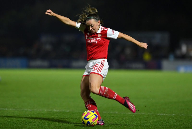Katie McCabe of Arsenal takes a shot during the FA Women's Super League match against Reading at Meadow Park on March 12, 2023 in Borehamwood, England. Photo credit: Justin Setterfield/Getty Images.