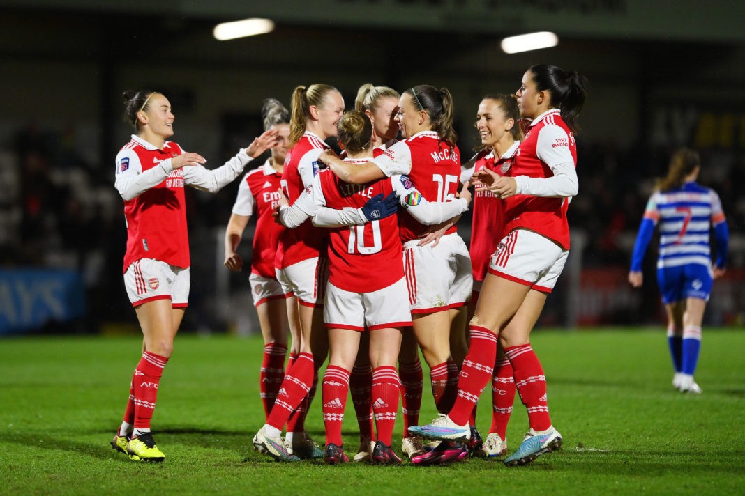 Kim Little of Arsenal celebrates after scoring the team's first goal during the FA Women's Super League match between Arsenal and Reading at Meadow Park on March 12, 2023 in Borehamwood, England. (Photo by Justin Setterfield/Getty Images)