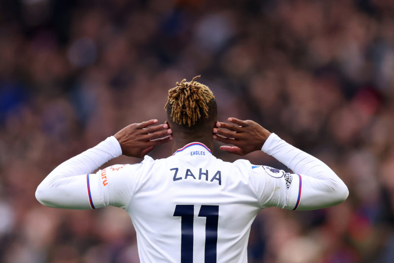 BIRMINGHAM, ENGLAND - MARCH 04: Wilfried Zaha of Crystal Palace celebrates after scoring a goal which is later disallowed by VAR during the Premier League match between Aston Villa and Crystal Palace at Villa Park on March 04, 2023 in Birmingham, England. (Photo by Marc Atkins/Getty Images)