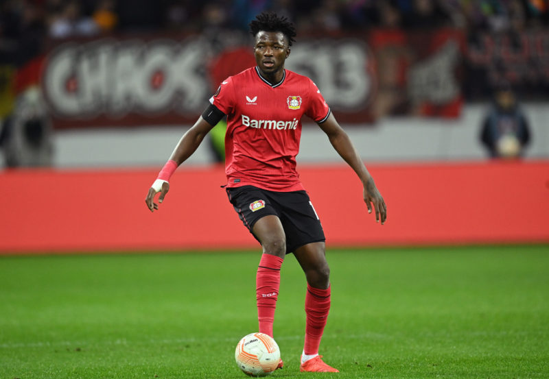 LEVERKUSEN, GERMANY - FEBRUARY 16: Edmond Tapsoba of Leverkusen in action during the UEFA Europa League knockout round play-off leg one match between Bayer 04 Leverkusen and AS Monaco at BayArena on February 16, 2023 in Leverkusen, Germany. (Photo by Stuart Franklin/Getty Images)