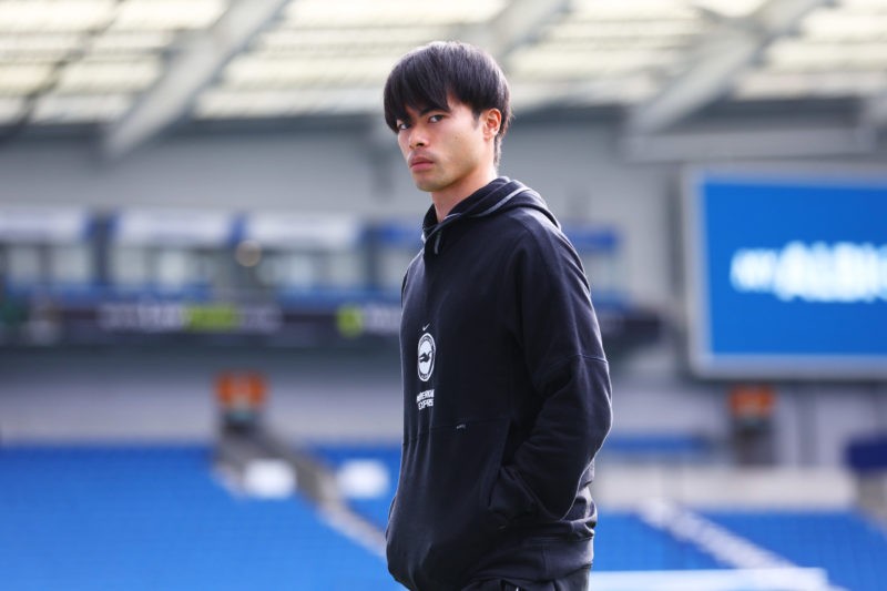 BRIGHTON, ENGLAND - FEBRUARY 04: Kaoru Mitoma of Brighton & Hove Albion inspects the pitch prior to the Premier League match between Brighton & Hove Albion and AFC Bournemouth at American Express Community Stadium on February 04, 2023 in Brighton, England. (Photo by Bryn Lennon/Getty Images)