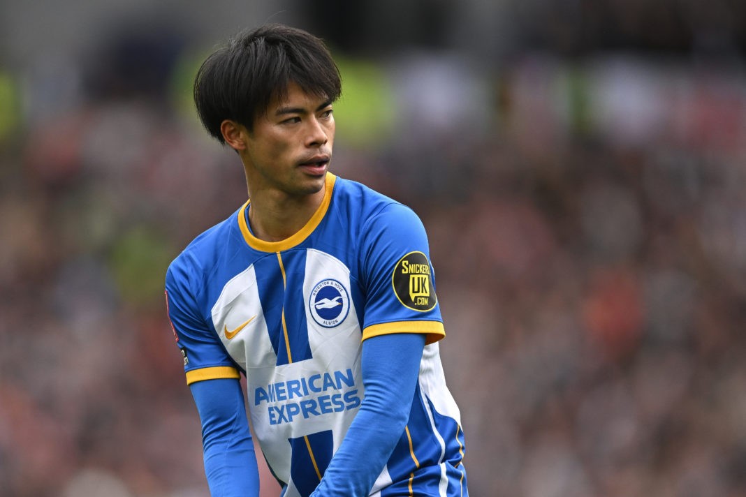 BRIGHTON, ENGLAND - MARCH 19: Kaoru Mitoma of Brighton & Hove Albion looks on during the Emirates FA Cup Quarter Final between Brighton & Hove Albion and Grimsby Town at Amex Stadium on March 19, 2023 in Brighton, England. (Photo by Mike Hewitt/Getty Images)