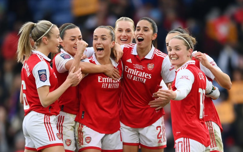 LONDON, ENGLAND - MARCH 05: Rafaelle Souza of Arsenal celebrates with teammates after the teams third goal, an own goal scored by Niamh Charles of Chelsea during the FA Women's Continental Tyres League Cup Final match between Chelsea and Arsenal at Selhurst Park on March 05, 2023 in London, England. (Photo by Alex Davidson/Getty Images)