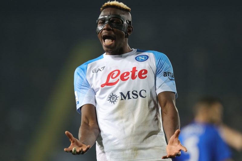 EMPOLI, ITALY - FEBRUARY 25: Victor James Osimhen of SSC Napoli reacts during the Serie A match between Empoli FC and SSC Napoli at Stadio Carlo Castellani on February 25, 2023 in Empoli, Italy. (Photo by Gabriele Maltinti/Getty Images)