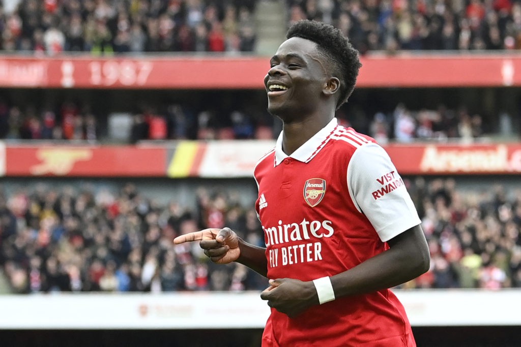 Bukayo Saka of Arsenal celebrates his successful goal during the Arsenal vs. Crystal Palace English Premier League match at the Emirates Stadium, London, on March 19, 2023. (Photo credit: JUSTIN TALLIS/AFP via Getty Images)
