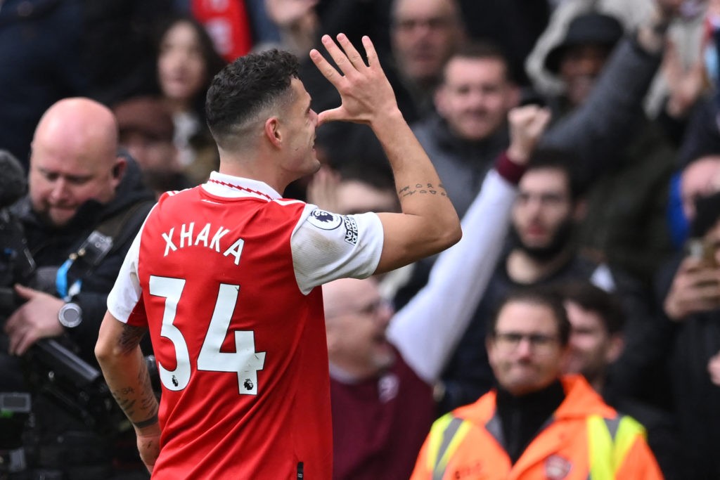 Arsenal's Swiss midfielder Granit Xhaka celebrates after scoring their third goal during the English Premier League football match between Arsenal and Crystal Palace at the Emirates Stadium in London on March 19, 2023.(Photo by JUSTIN TALLIS/AFP via Getty Images)