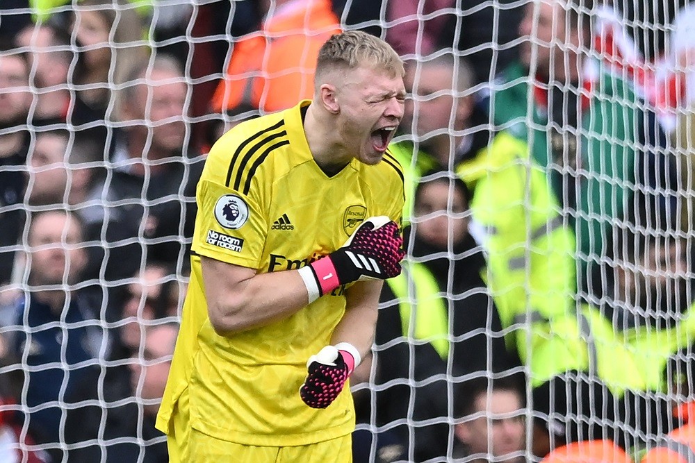 Arsenal's English goalkeeper Aaron Ramsdale reacts to conceding their first goal during the English Premier League football match between Arsenal and Crystal Palace at the Emirates Stadium in London on March 19, 2023. (Photo by JUSTIN TALLIS/AFP via Getty Images)
