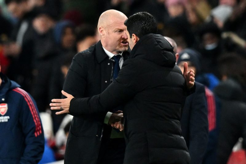 Everton's English manager Sean Dyche (L) shakes hands with Arsenal's Spanish manager Mikel Arteta after the English Premier League football match between Arsenal and Everton at the Emirates Stadium in London on March 1, 2023.(Photo by GLYN KIRK/AFP via Getty Images)