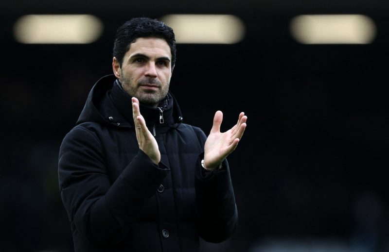 Arsenal's Spanish manager Mikel Arteta applauds the fans following during the English Premier League football match between Fulham and Arsenal at Craven Cottage in London on March 12, 2023. (Photo by ADRIAN DENNIS/AFP via Getty Images)