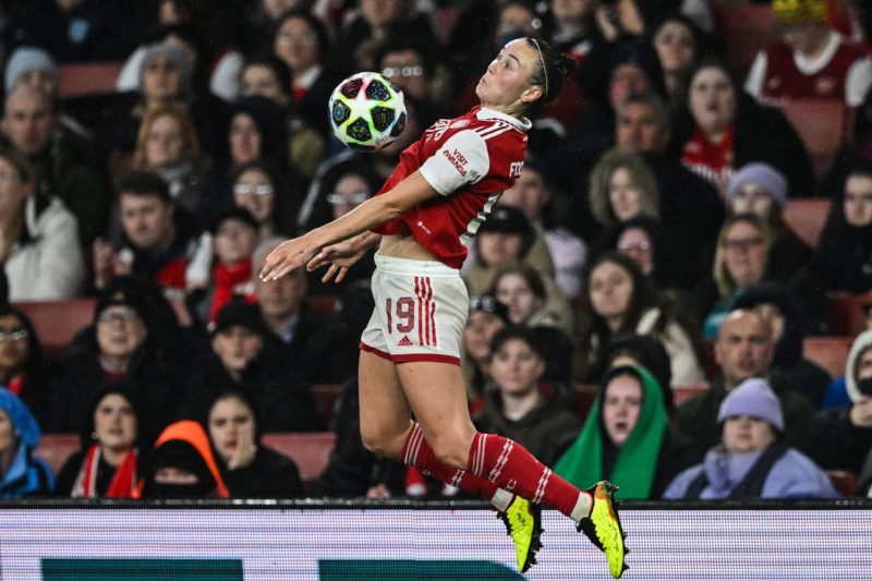 Arsenal's Australian striker Caitlin Foord controls the ball during the UEFA Women's Champions League quarter-final second-leg match between Arsenal and Bayern Munich at the Arsenal Stadium, in London, on March 29, 2023. (Photo by JUSTIN TALLIS / AFP) (Photo by JUSTIN TALLIS/AFP via Getty Images)