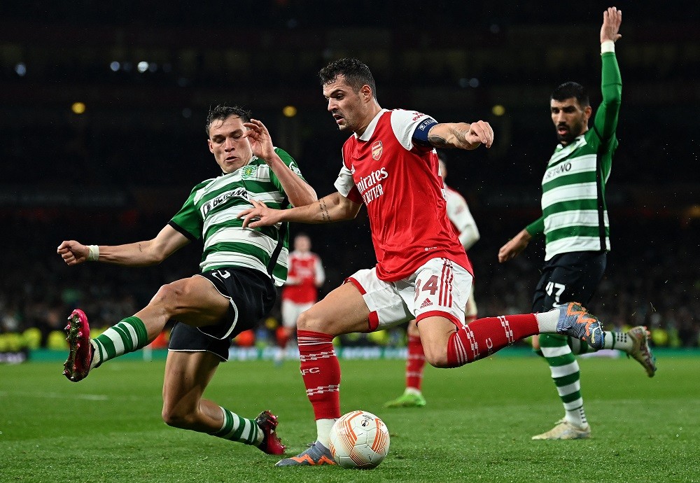 Arsenal's Swiss midfielder Granit Xhaka during the UEFA Europa League round of 16, second-leg football match between Arsenal and Sporting Lisbon at the Emirates Stadium in London on March 16, 2023. (Photo by GLYN KIRK/AFP via Getty Images)