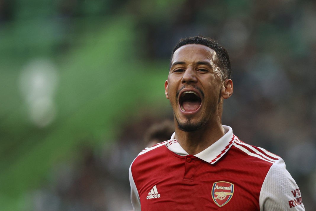 Arsenal's French defender William Saliba celebrates after scoring his team's first goal during the UEFA Europa League last 16 first leg football match between Sporting CP and Arsenal at Jose Alvalade stadium in Lisbon on March 9, 2023. (Photo by FILIPE AMORIM/AFP via Getty Images)