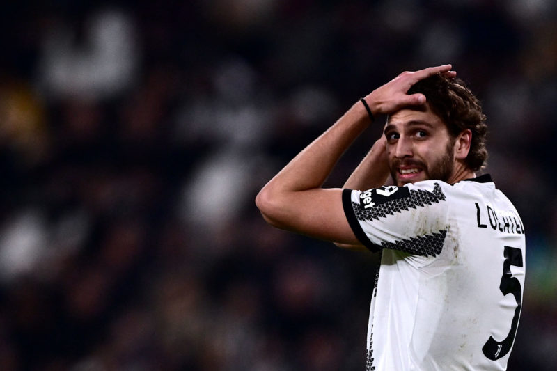 Juventus' Italian midfielder Manuel Locatelli reacts during the Italian Serie A football match between Juventus and Fiorentina on February 12, 2023 at the Juventus stadium in Turin. (Photo by MARCO BERTORELLO/AFP via Getty Images)