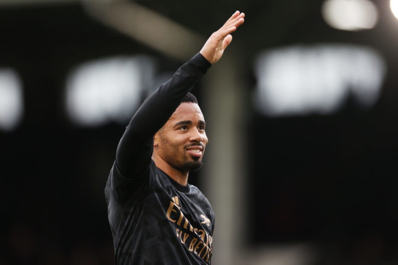 LONDON, ENGLAND - MARCH 12: Gabriel Jesus of Arsenal celebrates victory in front of their fans after the Premier League match between Fulham FC and Arsenal FC at Craven Cottage on March 12, 2023 in London, England. (Photo by Ryan Pierse/Getty Images)