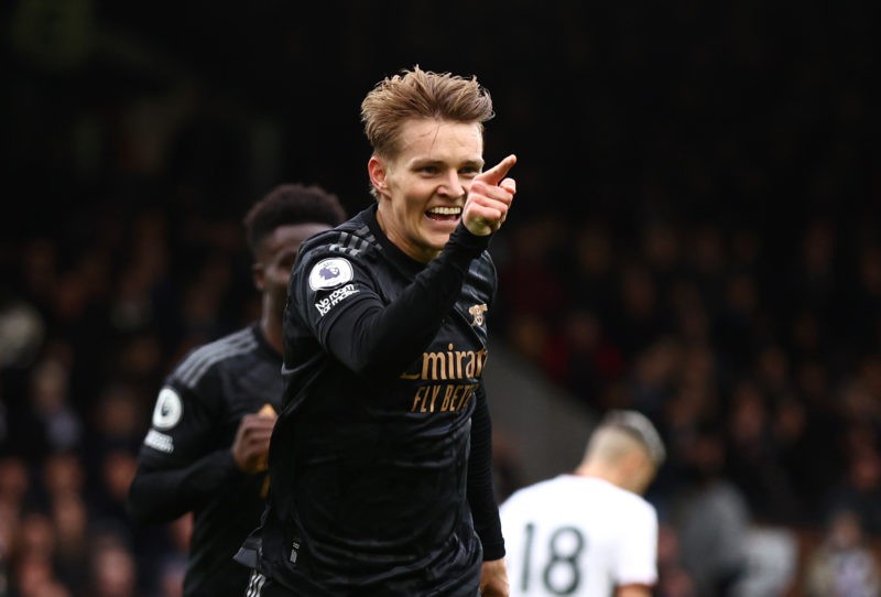 LONDON, ENGLAND - MARCH 12: Martin Odegaard of Arsenal celebrates after scoring the team's third goal during the Premier League match between Fulham FC and Arsenal FC at Craven Cottage on March 12, 2023 in London, England. (Photo by Clive Rose/Getty Images)