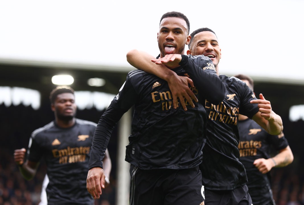 LONDON, ENGLAND - MARCH 12: Gabriel of Arsenal celebrates after scoring the team's first goal with teammate William Saliba during the Premier League match between Fulham FC and Arsenal FC at Craven Cottage on March 12, 2023 in London, England. (Photo by Clive Rose/Getty Images)