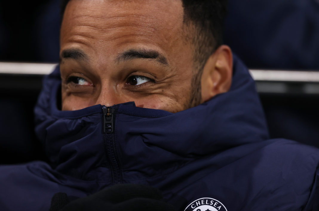 LONDON, ENGLAND - JANUARY 12: Pierre-Emerick Aubameyang of Chelsea looks on from the bench during the Premier League match between Fulham FC and Chelsea FC at Craven Cottage on January 12, 2023 in London, England. (Photo by Ryan Pierse/Getty Images)
