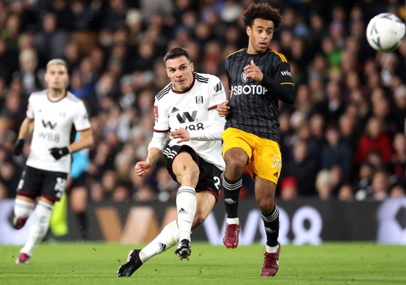 LONDON, ENGLAND - FEBRUARY 28:  Joao Palhinha of Fulham scores the team's first goal during the Emirates FA Cup Fifth round match between Fulham and Leeds United at Craven Cottage on February 28, 2023 in London, England. (Photo by Warren Little/Getty Images)