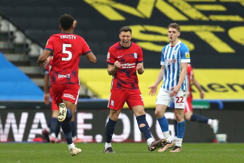 HUDDERSFIELD, ENGLAND - FEBRUARY 18: Krystian Bielik of Birmingham City celebrates as his team scores their first goal during the Sky Bet Championship between Huddersfield Town and Birmingham City at John Smith's Stadium on February 18, 2023 in Huddersfield, England. (Photo by Ashley Allen/Getty Images)