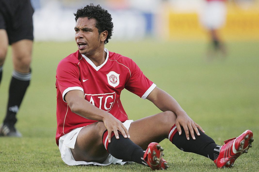 PRETORIA, SOUTH AFRICA: Kieran Richardson of Manchester United sits on the ground during the match between Kaizer Chiefs and Manchester United as part of United's pre-season tour of South Africa at Loftus Stadium on July 22, 2006. (Photo by Lefty Shivambu/Touchline/Getty Images)