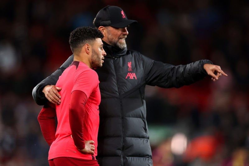 LIVERPOOL, ENGLAND - NOVEMBER 09: Jurgen Klopp, Manager of Liverpool interacts with Alex Oxlade-Chamberlain of Liverpool prior to the Carabao Cup Third Round match between Liverpool and Derby County at Anfield on November 09, 2022 in Liverpool, England. (Photo by Nathan Stirk/Getty Images)