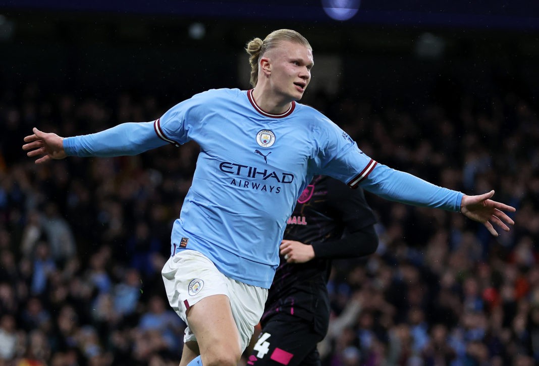 MANCHESTER, ENGLAND - MARCH 18: Erling Haaland of Manchester City celebrates scoring the teams first goal during the Emirates FA Cup Quarter Final match between Manchester City and Burnley at Etihad Stadium on March 18, 2023 in Manchester, England. (Photo by Clive Brunskill/Getty Images)
