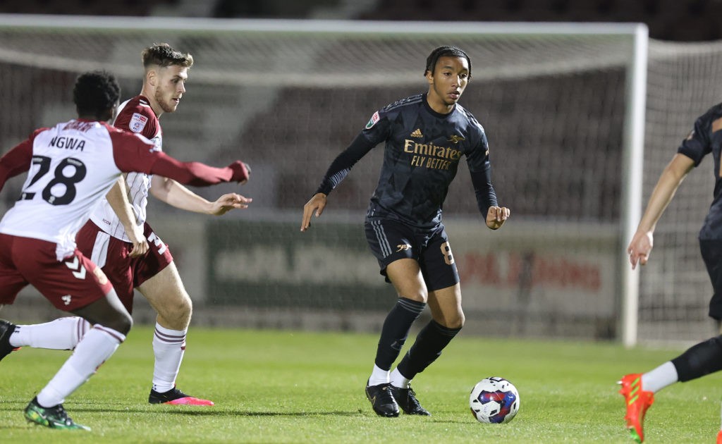 NORTHAMPTON, ENGLAND - OCTOBER 18: Bradley Ibrahim of Arsenal U21 in action during the Papa John's Trophy match between Northampton Town and Arsenal U21 at Sixfields on October 18, 2022 in Northampton, England. (Photo by Pete Norton/Getty Images)