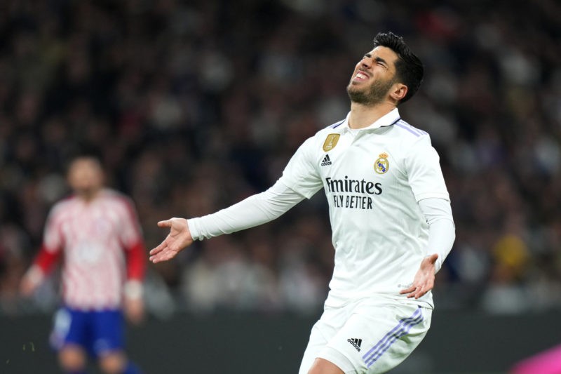 MADRID, SPAIN - FEBRUARY 25: Marco Asensio of Real Madrid reacts during the LaLiga Santander match between Real Madrid CF and Atletico de Madrid at Estadio Santiago Bernabeu on February 25, 2023 in Madrid, Spain. (Photo by Angel Martinez/Getty Images)