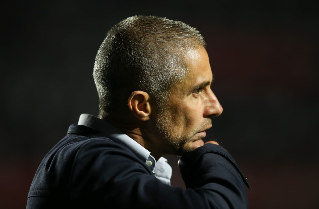 SAO PAULO, BRAZIL - OCTOBER 18: Sylvinho, head coach of Corinthians looks on during a match between Sao Paulo and Corinthians as part of Brasileirao Series A 2021 at Morumbi Stadium on October 18, 2021 in Sao Paulo, Brazil. (Photo by Alexandre Schneider/Getty Images)