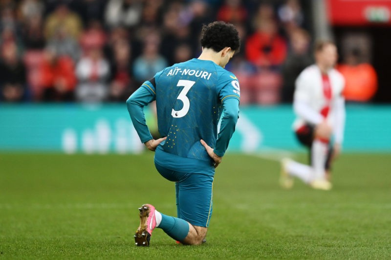 SOUTHAMPTON, ENGLAND - FEBRUARY 11: Rayan Ait-Nouri of Wolverhampton Wanderers takes a knee prior to the Premier League match between Southampton FC and Wolverhampton Wanderers at Friends Provident St. Mary's Stadium on February 11, 2023 in Southampton, England. (Photo by Dan Mullan/Getty Images)