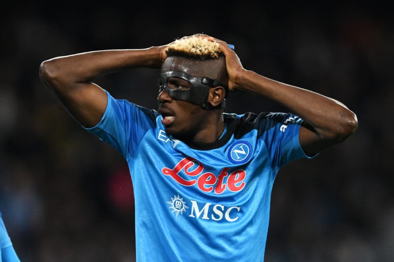 NAPLES, ITALY - MARCH 03: Victor Osimhen of SSC Napoli reacts during the Serie A match between SSC Napoli and SS Lazio at Stadio Diego Armando Maradona on March 03, 2023 in Naples, Italy. (Photo by Francesco Pecoraro/Getty Images)