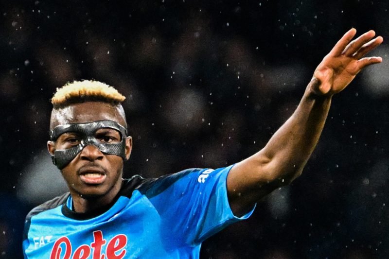 TOPSHOT - Napoli's Nigerian forward Victor Osimhen reacts during the Italian Serie A football match between Napoli and Lazio on March 3, 2023 at the Diego-Maradona stadium in Naples. (Photo by ALBERTO PIZZOLI/AFP via Getty Images)
