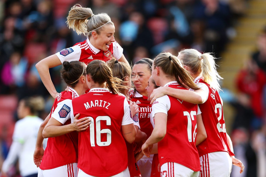 LONDON, ENGLAND - MARCH 25: Kim Little of Arsenal celebrates with teammates after scoring the team's third goal during the FA Women's Super League match between Tottenham Hotspur and Arsenal at Brisbane Road on March 25, 2023 in London, England. (Photo by Clive Rose/Getty Images)