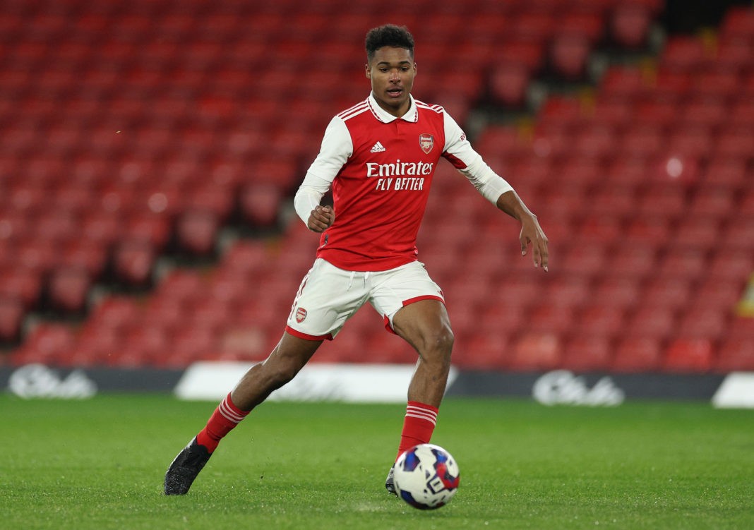WATFORD, ENGLAND: Reuell Walters of Arsenal in action during the FA Youth Cup Fifth round match between Watford FC and Arsenal FC at Vicarage Road on February 06, 2023. (Photo by Richard Heathcote/Getty Images)