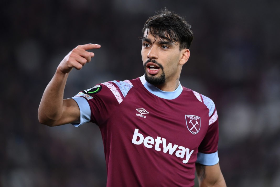LONDON, ENGLAND - MARCH 16: Lucas Paqueta of West Ham United reacts during the UEFA Europa Conference League round of 16 leg two match between West Ham United and AEK Larnaca at London Stadium on March 16, 2023 in London, England. (Photo by Justin Setterfield/Getty Images)