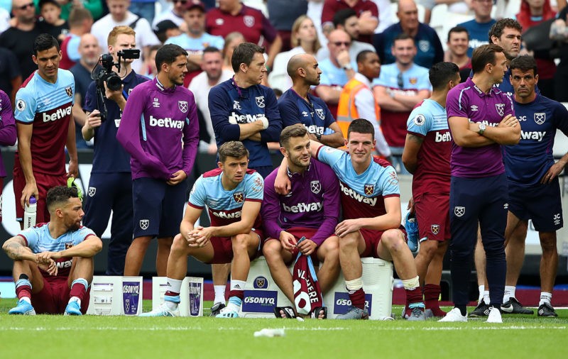 LONDON, ENGLAND - AUGUST 03: Jack Wilshire and Declan Rice of West Ham enjoy watching the penalty shoot out during the Pre-Season Friendly match between West Ham United and Athletic Bilbao at the Olympic Stadium on August 03, 2019 in London, England. (Photo by Julian Finney/Getty Images)