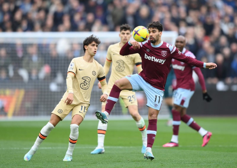 LONDON, ENGLAND - FEBRUARY 11: Lucas Paqueta of West Ham United controls the ball while under pressure from Joao Felix of Chelsea during the Premier League match between West Ham United and Chelsea FC at London Stadium on February 11, 2023 in London, England. (Photo by Justin Setterfield/Getty Images)