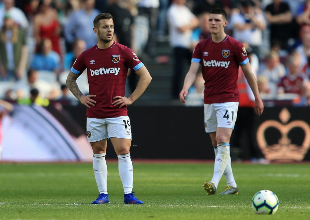 LONDON, ENGLAND - APRIL 20: Jack Wilshere and Declan Rice of West Ham United look dejected during the Premier League match between West Ham United and Leicester City at London Stadium on April 20, 2019 in London, United Kingdom. (Photo by Stephen Pond/Getty Images)